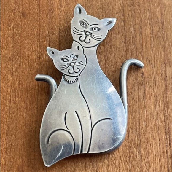 Vintage Sterling Silver Cats Brooch Cat Pin Cat Couple 1970s - Picture 1 of 7